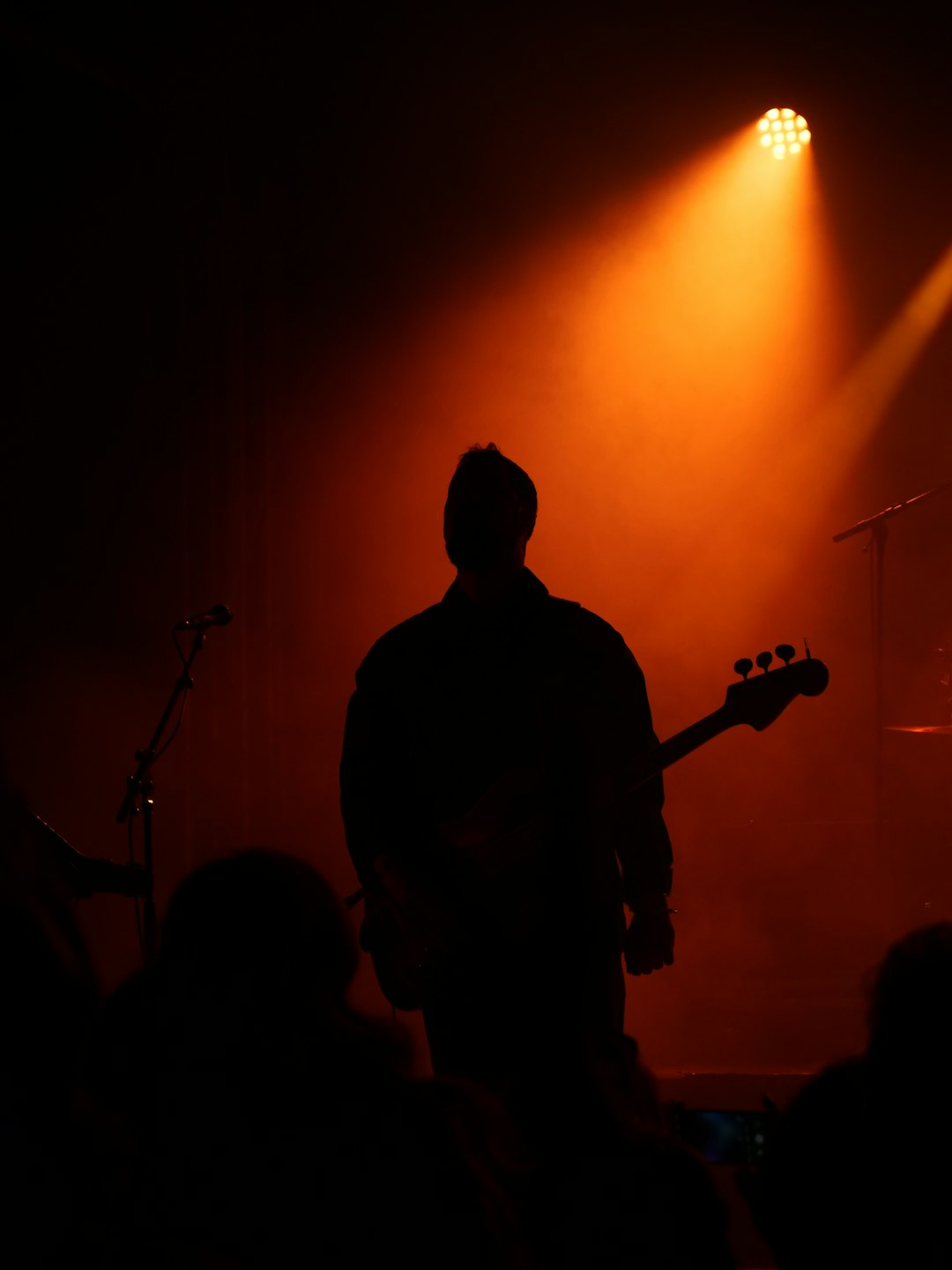 Muzikant speelt basgitaar op een donker podium.